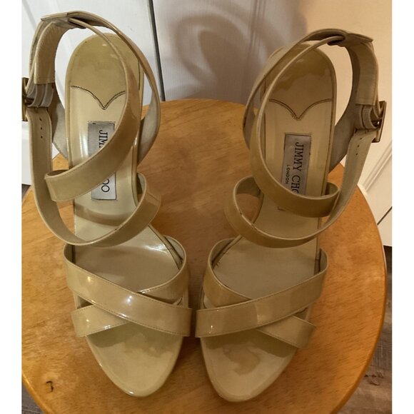 Jimmy Choo Beige Nude Patent Leather Platform Strappy Heels Size 40.5 US 10.5 - Picture 3 of 6